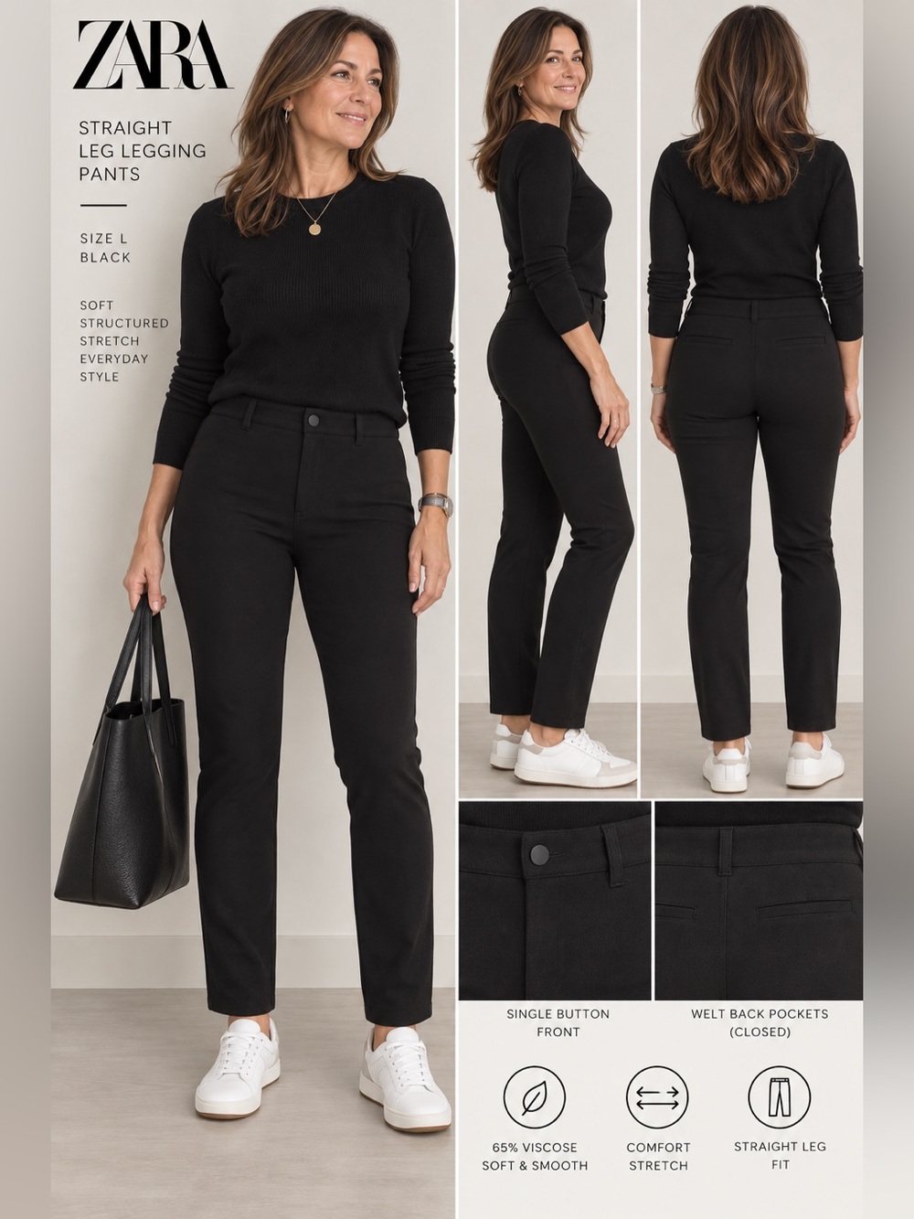 ZARA Black Straight Leg Legging Pants Stretch Ponte Trousers - Size Large